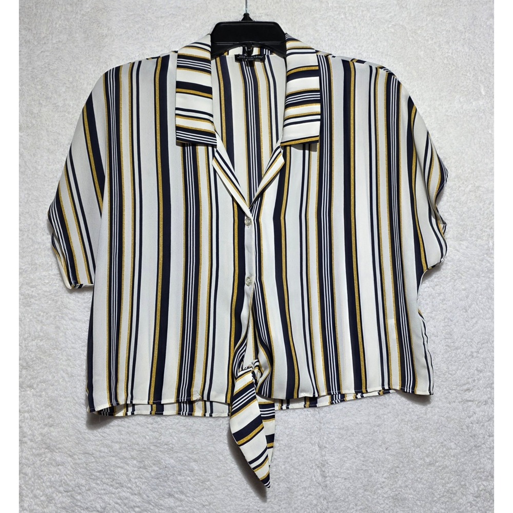 Shinestar Women's Striped Tie-Front Button Down Shirt Navy Yellow White M